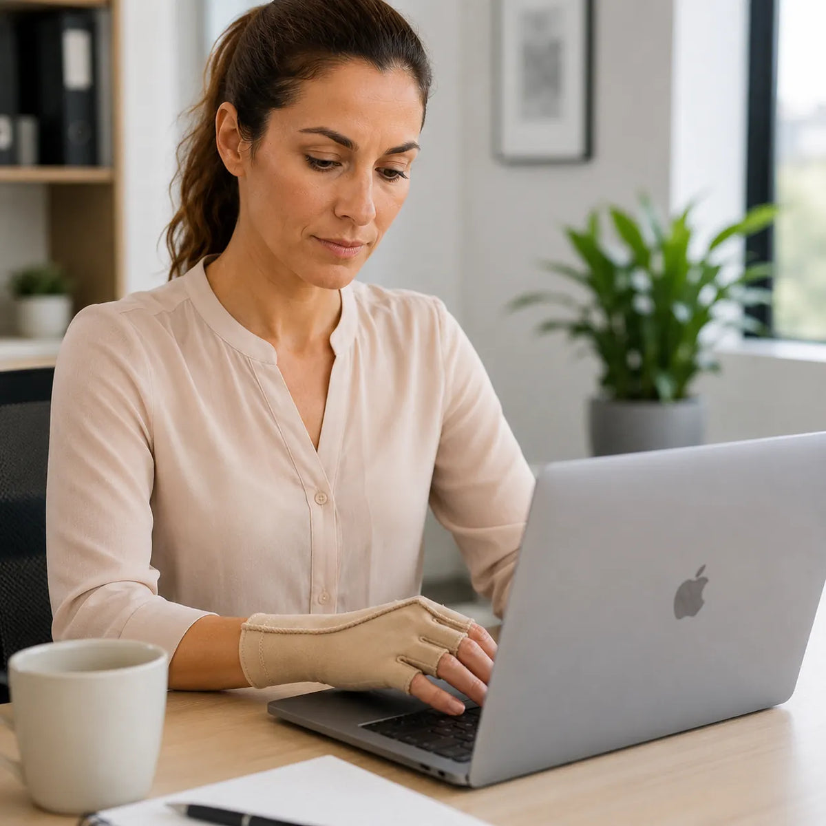 Une femme travaille sur un ordinateur portable et porte un gant de compression médical beige avec bouts de doigts ouverts.