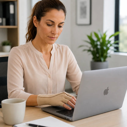 Une femme travaille sur un ordinateur portable et porte un gant de compression médical beige avec bouts de doigts ouverts.