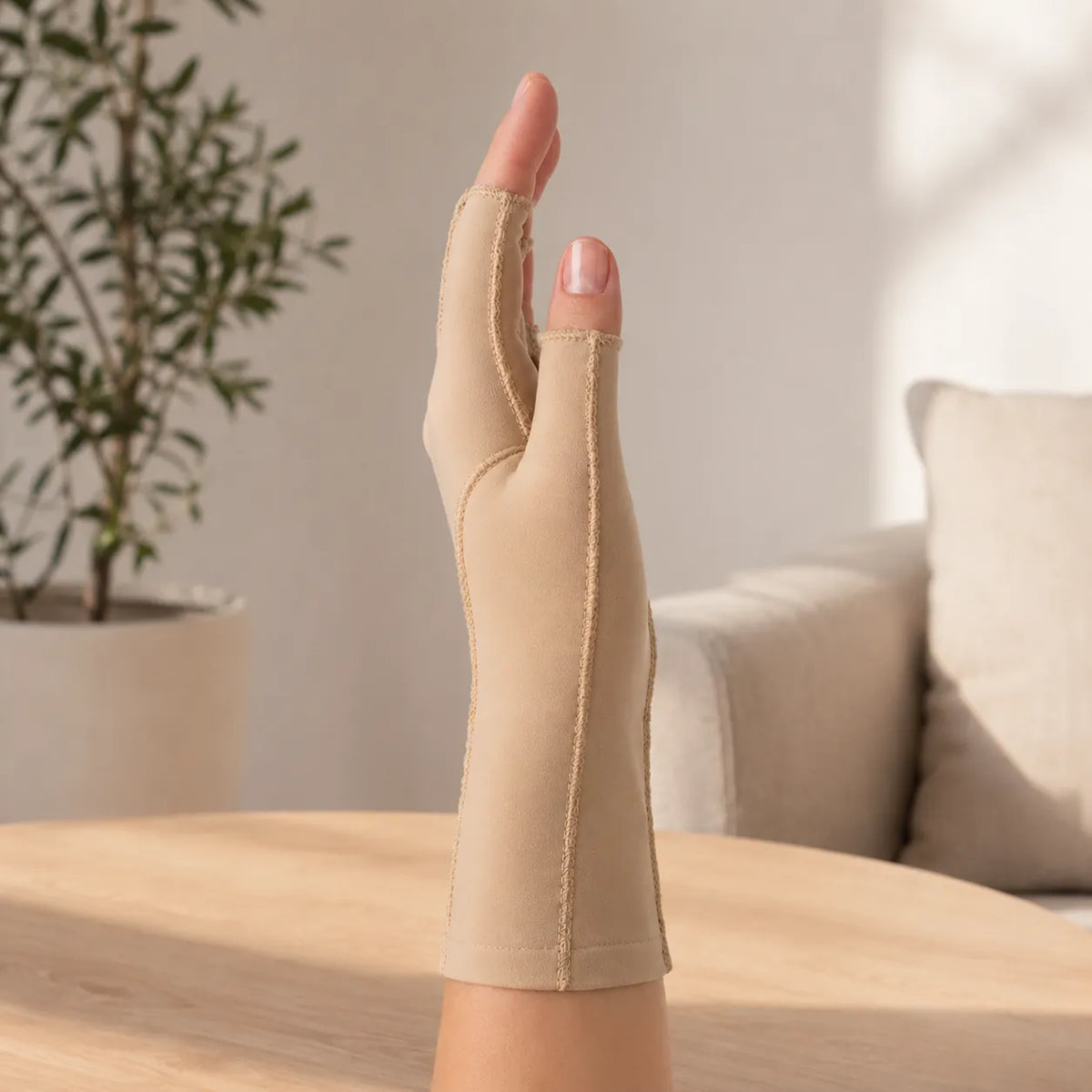Gant de compression beige avec bouts de doigts ouverts offrant un soutien pour la main, le pouce et le poignet.