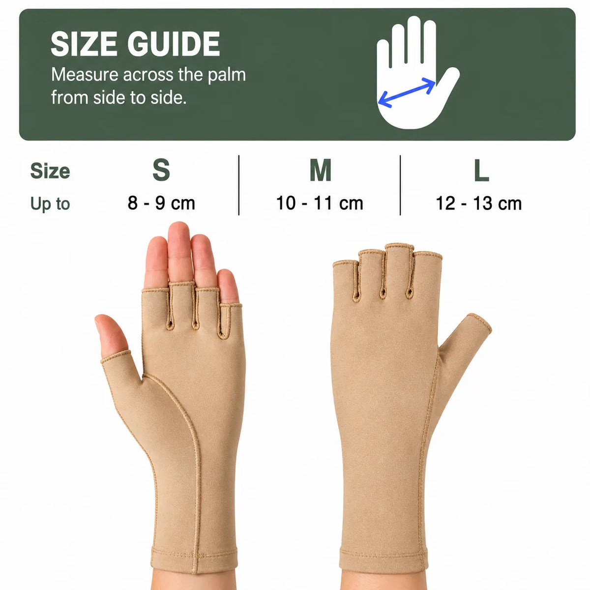 Guide des tailles pour gants de compression médicaux avec mesures de la main et tailles S, M et L.