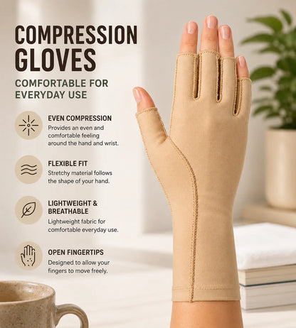Gant de compression beige sans doigts, à compression uniforme, ajustement souple et bouts des doigts ouverts.