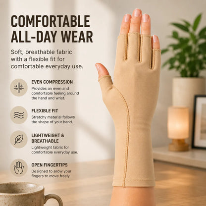 Gant de compression beige sans doigts, à ajustement souple, bouts des doigts ouverts et matière douce et respirante.