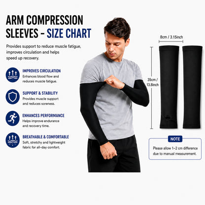 Présentation du produit et mesures pour manchons de compression pour bras avec informations sur les tailles.