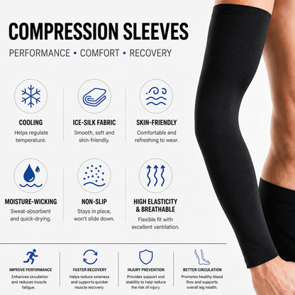 Manchon de compression pour bras avec présentation de la matière, des caractéristiques et des avantages d'utilisation.