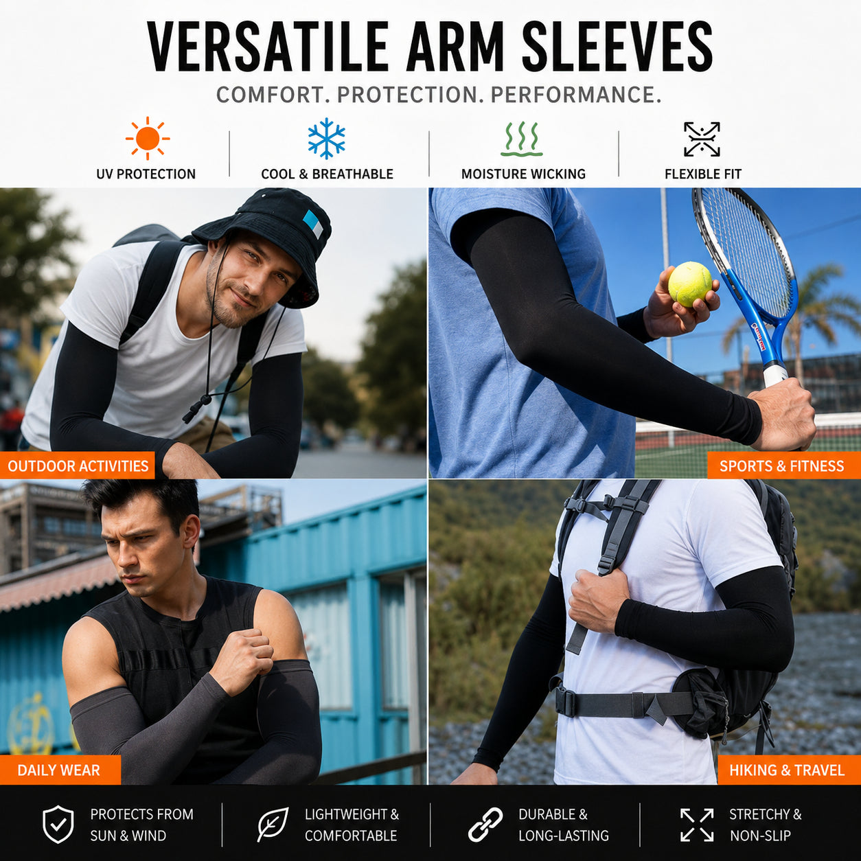 Manchons de compression pour bras avec exemples d'utilisation pour le sport, la randonnée et le quotidien.