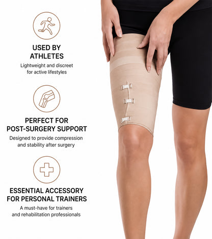 Bandage de compression élastique avec boucle métallique autour de la cuisse pour un soutien et une compression réglables.