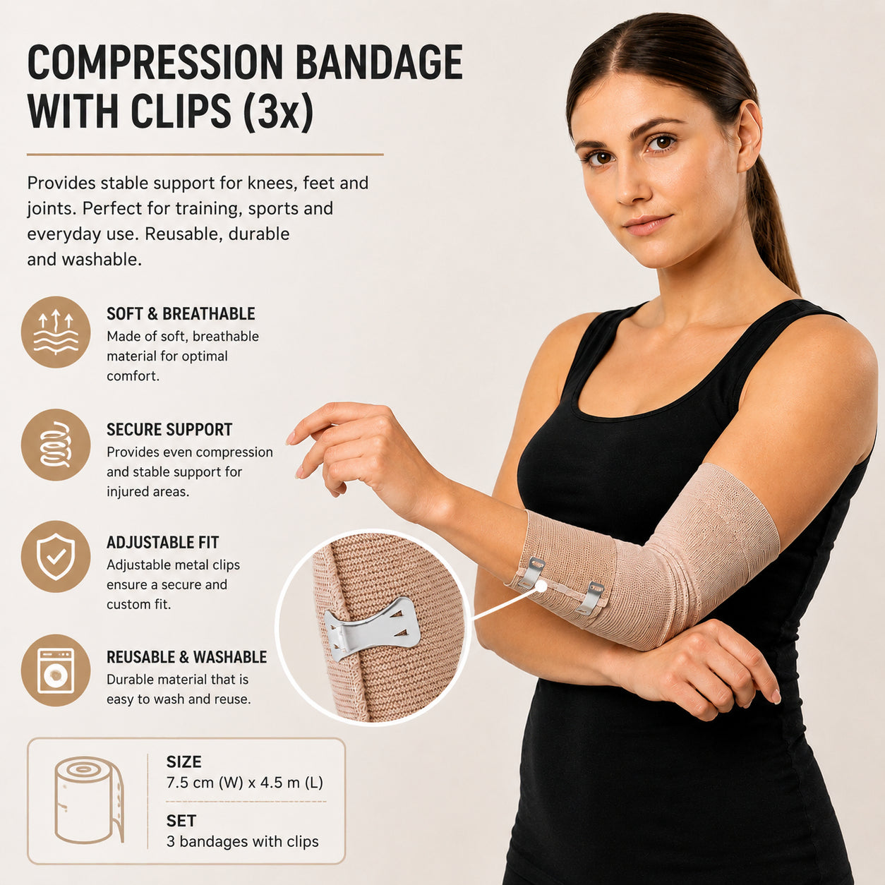 Une femme porte un bandage de compression élastique avec boucle métallique au coude offrant un soutien et une compression réglables.
