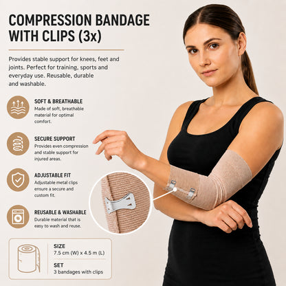 Une femme porte un bandage de compression élastique avec boucle métallique au coude offrant un soutien et une compression réglables.