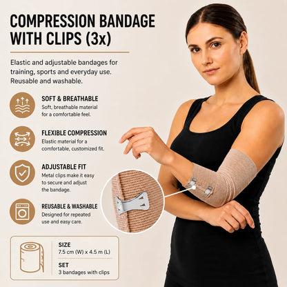 Une femme porte un bandage de compression élastique à fermoirs métalliques autour du coude.