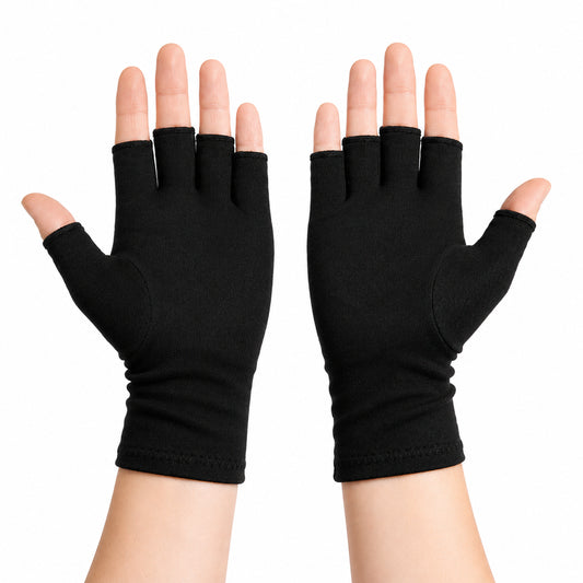 Gants de compression sans bouts de doigts offrant soutien, légère compression et soulagement en cas d'articulations raides, d'arthrite et de mains douloureuses.