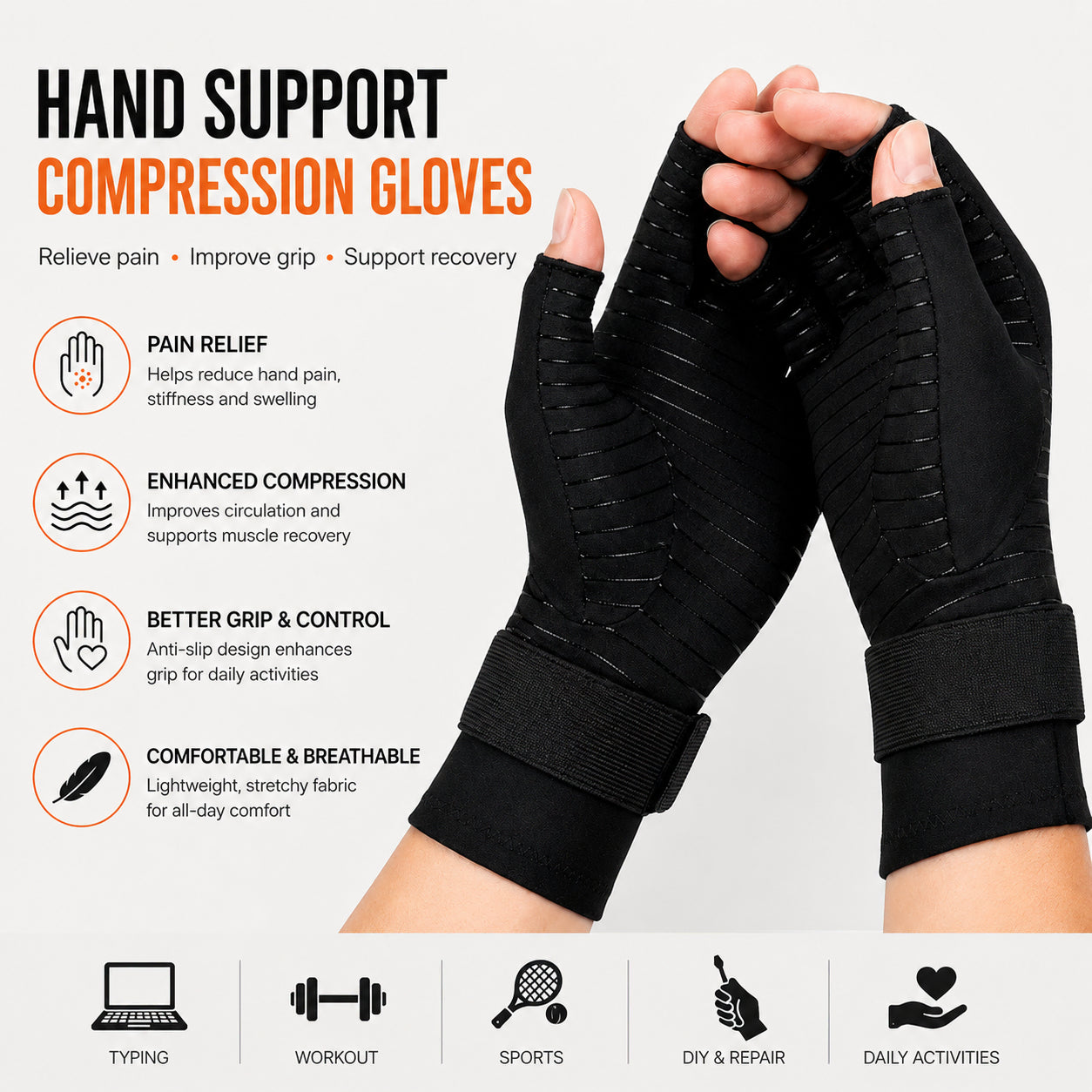 Gants de compression avec sangle de poignet offrant soutien, compression et meilleure prise.