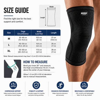 Guide des tailles et mesures pour genouillère de compression 360° avec tableau des tailles.