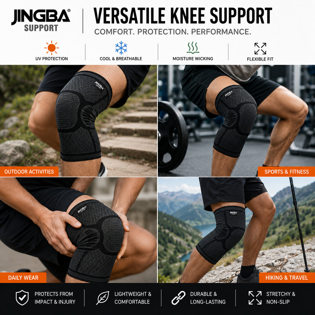 Genouillère de compression 360° avec exemples d'utilisation pour l'entraînement, la randonnée et le quotidien.
