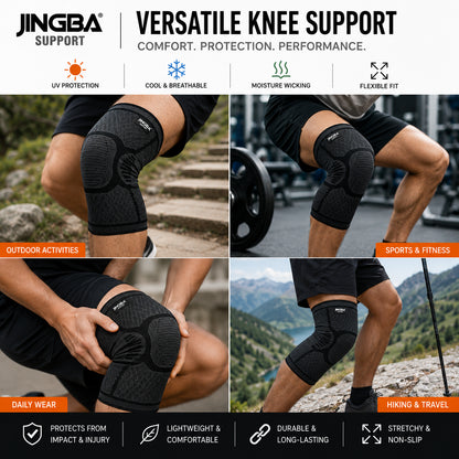 Genouillère de compression 360° avec exemples d'utilisation pour l'entraînement, la randonnée et le quotidien.