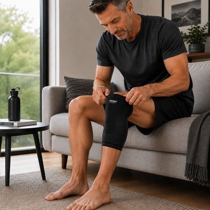 Un homme enfile une genouillère de compression 360° à la maison.