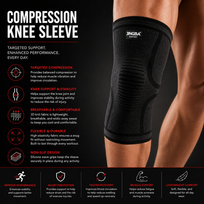 Genouillère de compression 360° avec présentation des caractéristiques du soutien et des avantages de la compression.