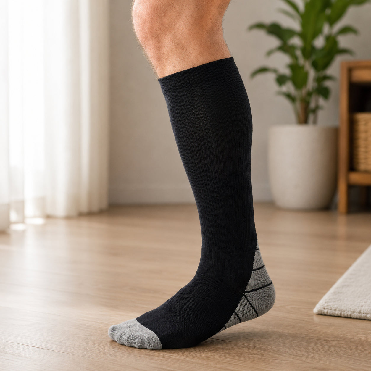 Chaussettes de compression noires montantes jusqu'au genou utilisées à la maison.