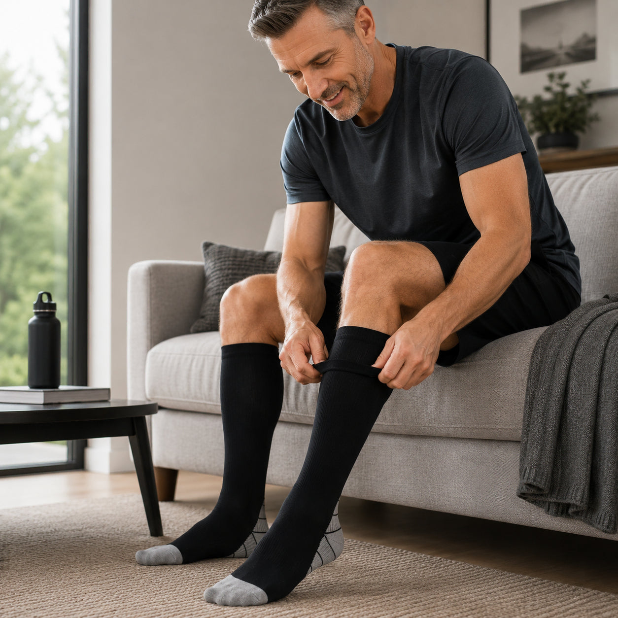 Un homme enfile des chaussettes de compression noires à la maison.