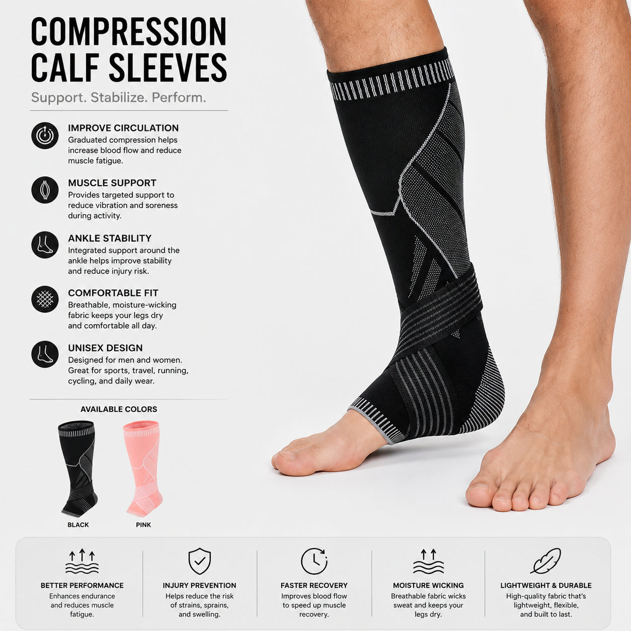 Chaussettes de compression pour mollets avec présentation des caractéristiques du soutien, de la chevillère et des avantages de la compression.