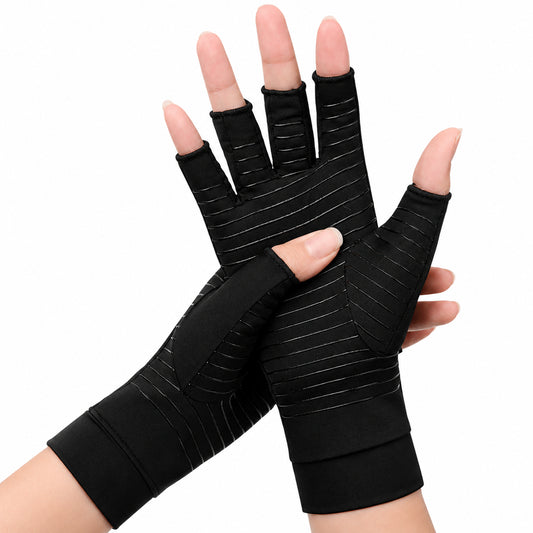 Gants de compression en cuivre noirs avec bouts de doigts ouverts pour le soutien et le confort.