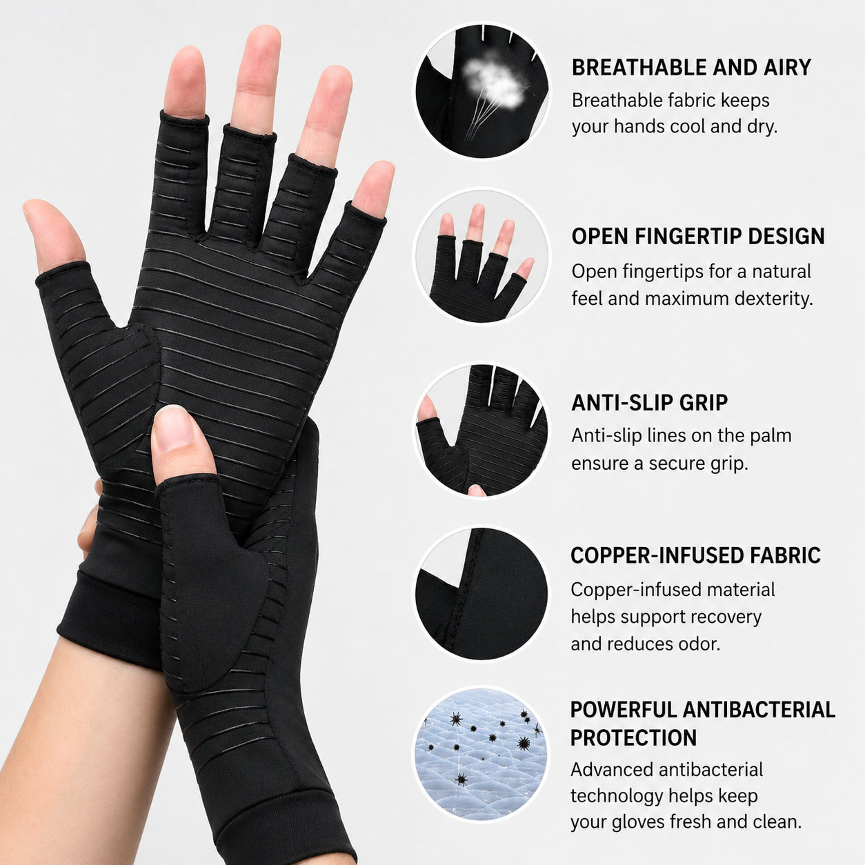 Gants de compression en cuivre noirs avec bouts de doigts ouverts et matière respirante.