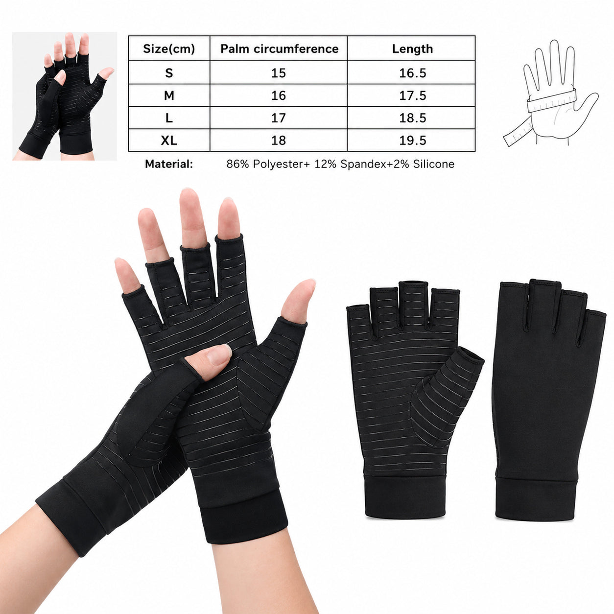 Guide des tailles pour gants de compression en cuivre avec mesures et informations sur la matière.