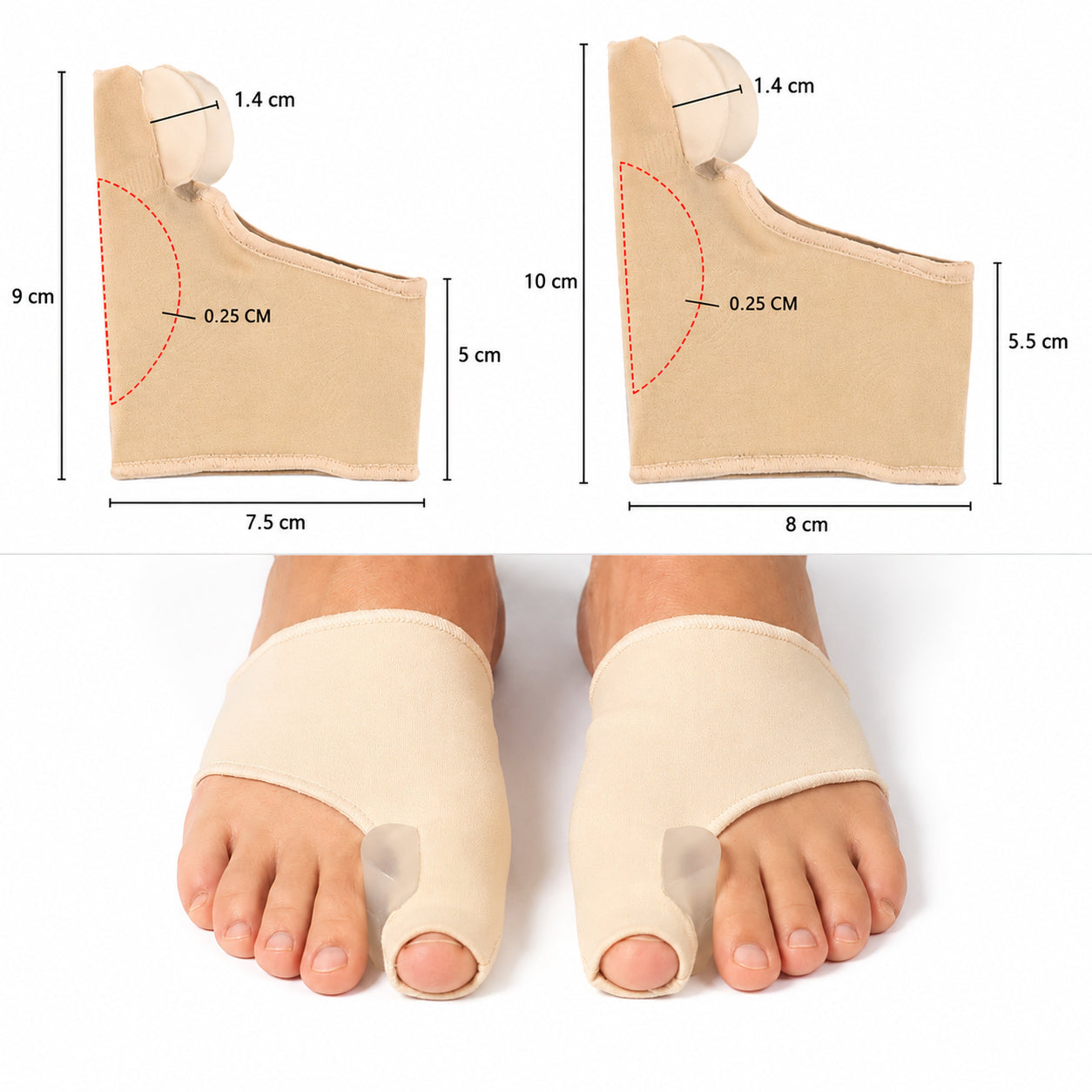 Guide des tailles pour soutien d'hallux valgus avec écarteur d'orteils intégré montrant les dimensions pour différentes tailles et comment le soutien se porte sur le pied.