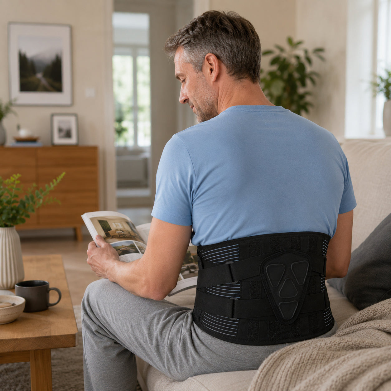 Un homme utilise une ceinture lombaire réglable à la maison en position assise pendant la lecture.