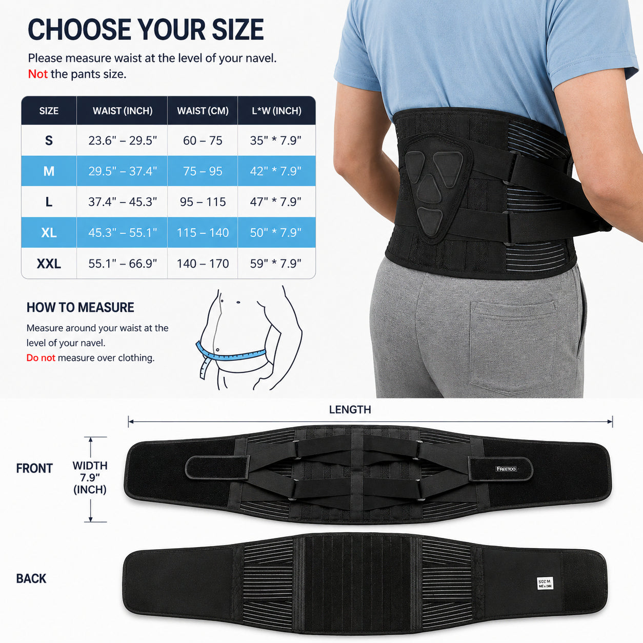Guide des tailles et mesures pour ceinture lombaire réglable avec tableau des tailles.