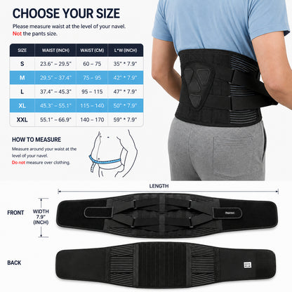 Guide des tailles et mesures pour ceinture lombaire réglable avec tableau des tailles.