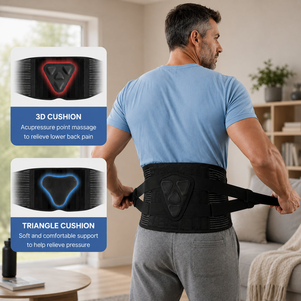 Ceinture lombaire réglable avec coussin 3D et double sangle pour un soutien lombaire stable.