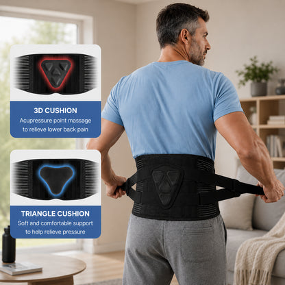 Ceinture lombaire réglable avec coussin 3D et double sangle pour un soutien lombaire stable.