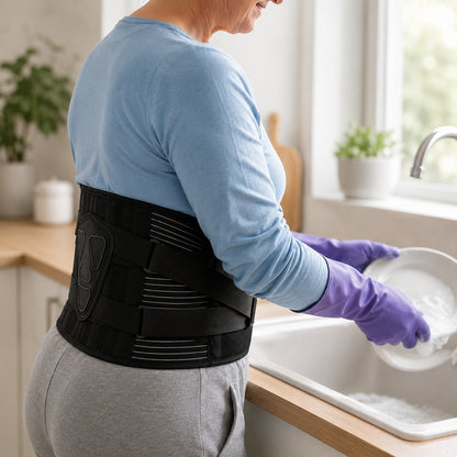 Une personne utilise une ceinture lombaire réglable devant l'évier pendant les tâches ménagères.