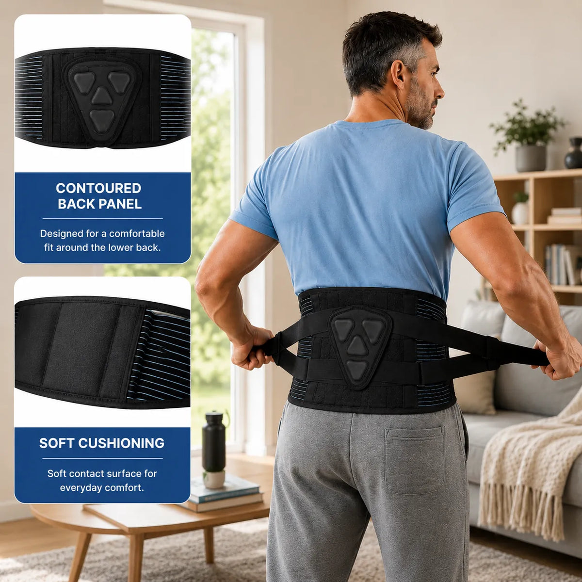 Un homme ajuste un soutien lombaire avec panneau dorsal profilé et rembourrage doux pour un ajustement confortable près du corps.