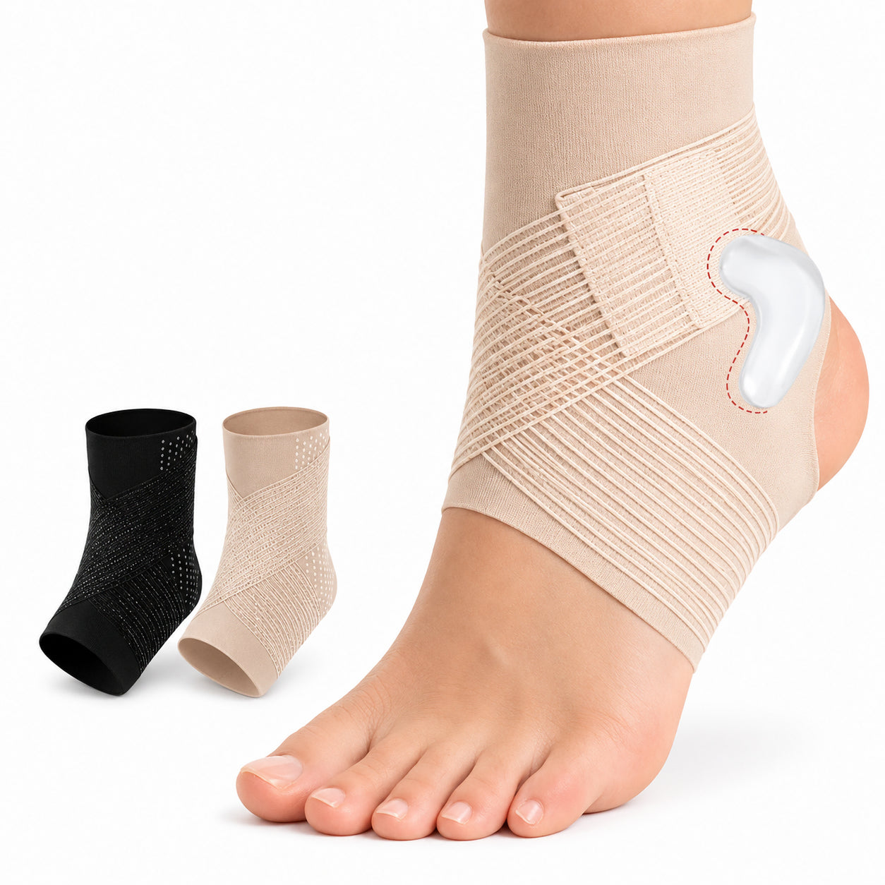 Chevillère réglable avec bandes de compression croisées et coussin en gel pour un soutien supplémentaire autour du talon.