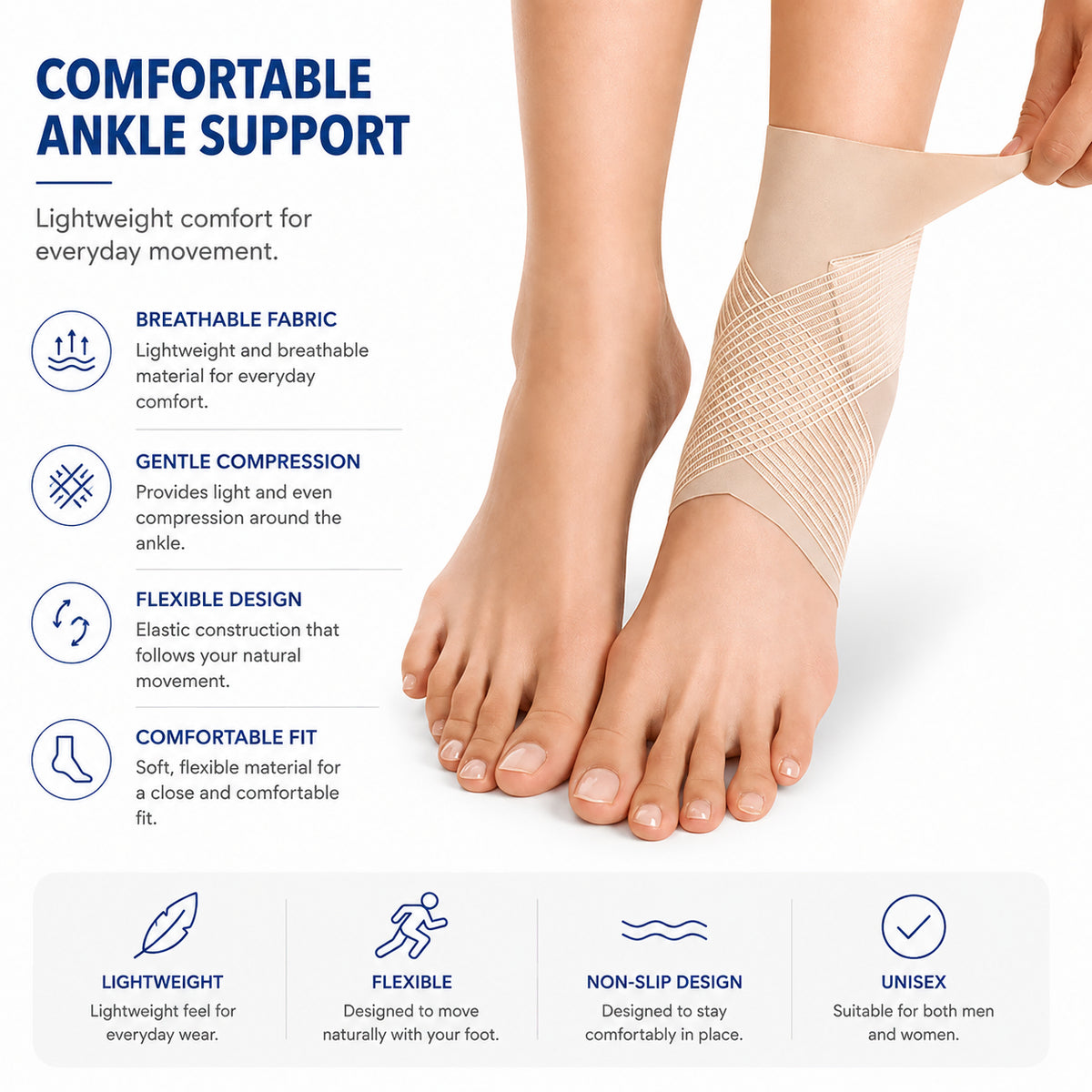 Chevillère élastique beige à légère compression, au design souple et à l’ajustement près du corps.