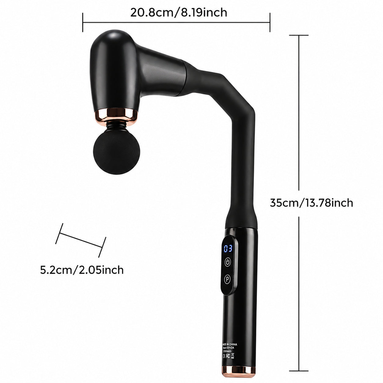 Pistolet de massage pour le dos avec longue poignée ergonomique et dimensions du produit pour la hauteur, la largeur et la tête de massage.