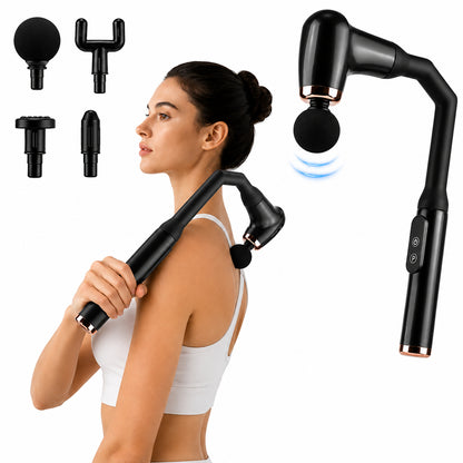 Pistolet de massage pour le dos avec une longue poignée, quatre têtes de massage interchangeables et un massage par vibrations.