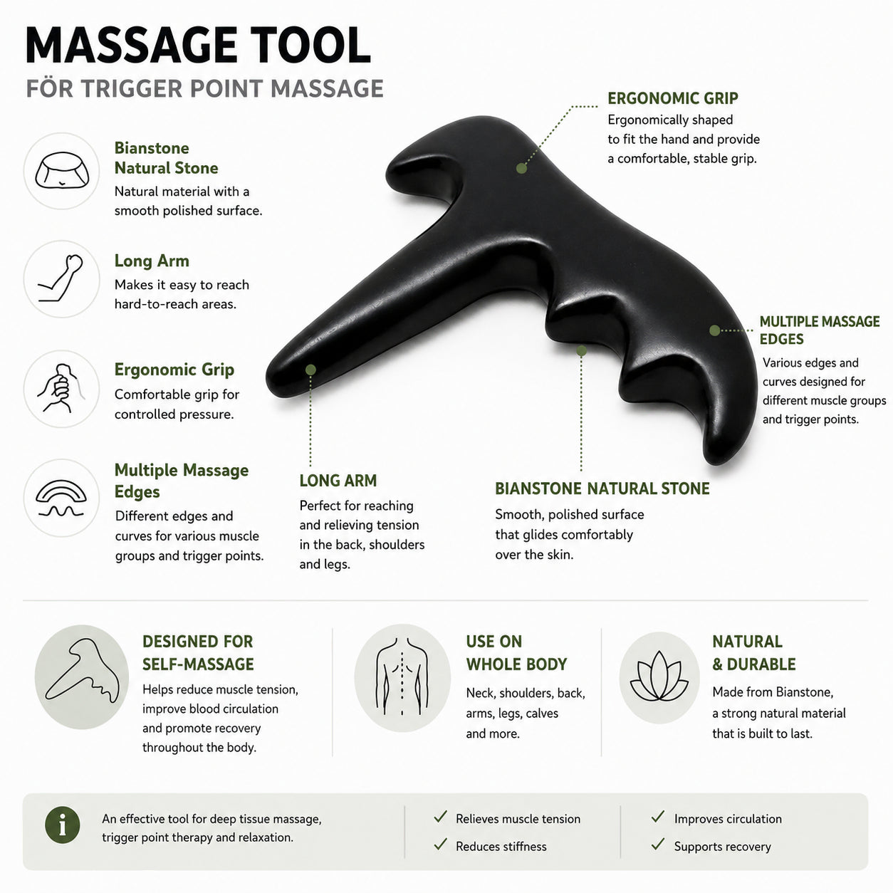 Outil de massage ergonomique pour les points de tension et le massage des tissus profonds avec plusieurs bords de massage pour la nuque, le dos, les épaules et les jambes.