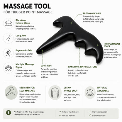 Outil de massage ergonomique pour les points de tension et le massage des tissus profonds avec plusieurs bords de massage pour la nuque, le dos, les épaules et les jambes.