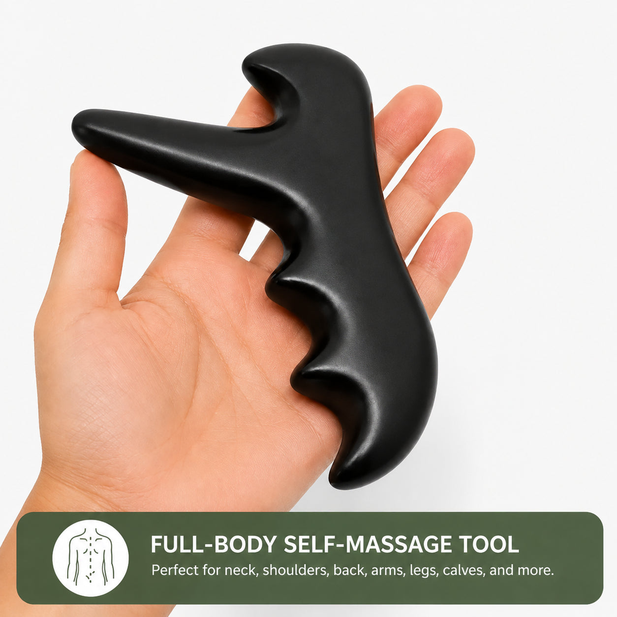 Outil de massage ergonomique pour les points de tension et le massage des tissus profonds, présenté dans la main pour illustrer la taille et la prise en main.