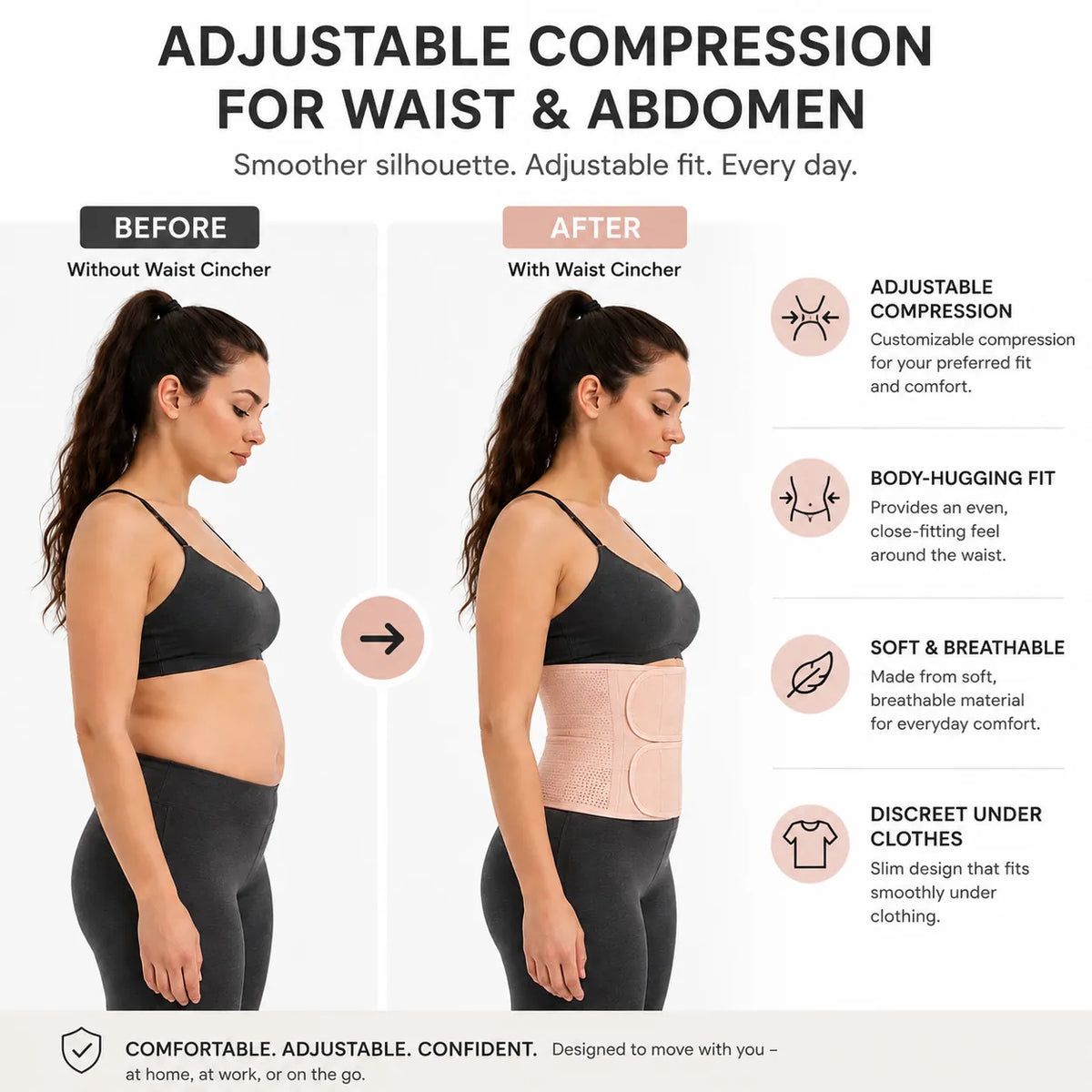 Image avant-après montrant une gaine amincissante beige à compression réglable et ajustement près du corps autour de la taille.