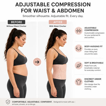 Image avant-après montrant une gaine amincissante beige à compression réglable et ajustement près du corps autour de la taille.