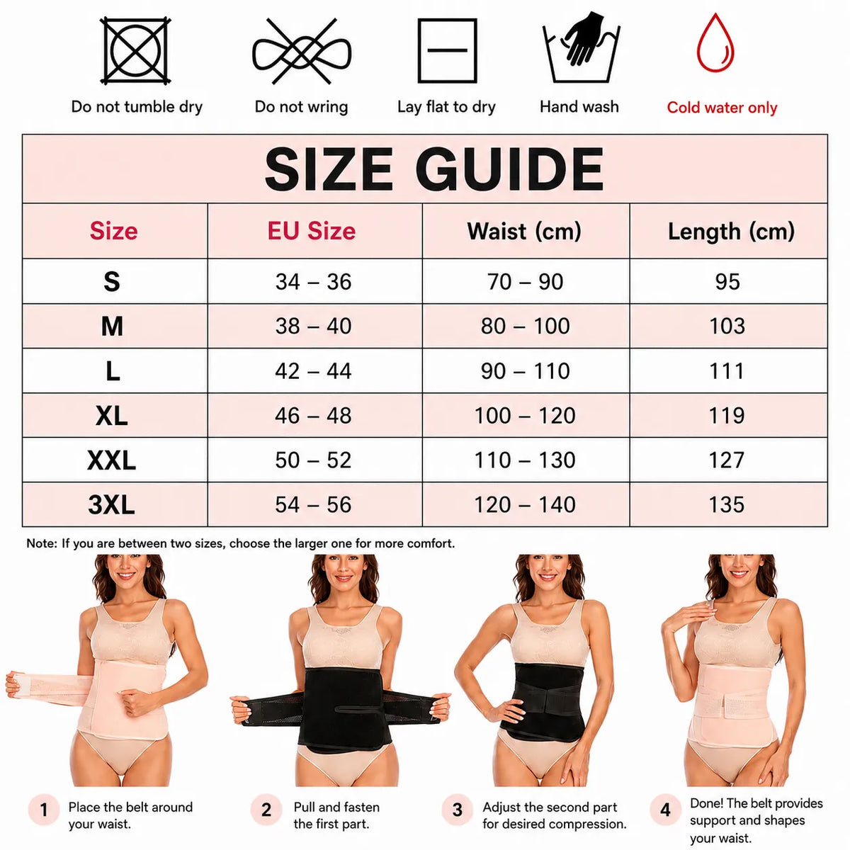 Guide des tailles et instructions d'application pour le tailleur beige avec compression réglable.