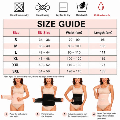 Guide des tailles et instructions d'application pour le tailleur beige avec compression réglable.