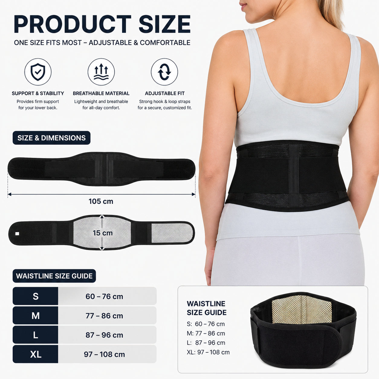 Guide des tailles pour ceinture de soutien lombaire avec dimensions du produit, tour de taille pour différentes tailles et présentation des fonctions.