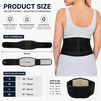 Guide des tailles pour ceinture de soutien lombaire avec dimensions du produit, tour de taille pour différentes tailles et présentation des fonctions.