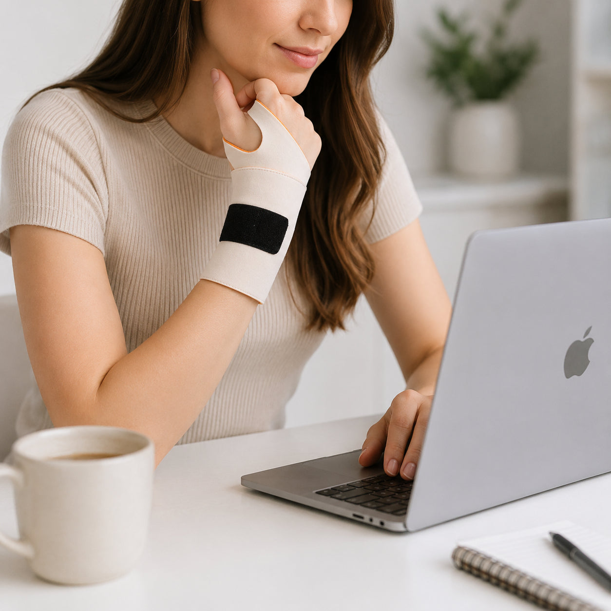 Une femme utilise une attelle de poignet de compression souple en travaillant sur ordinateur.