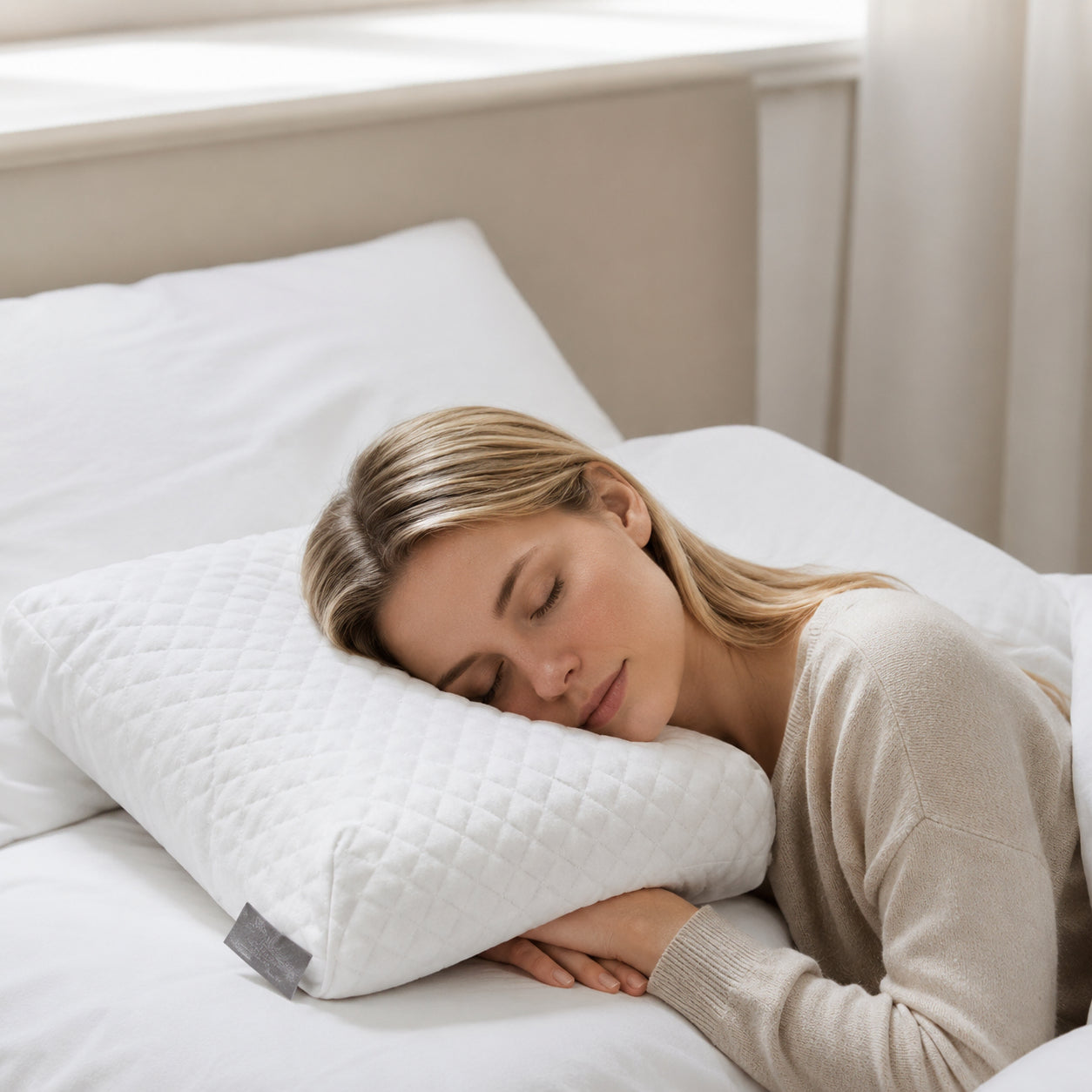 Une femme scandinave dort sur un oreiller orthopédique ergonomique en mousse à mémoire de forme au design galbé pour un soutien de la nuque et de la tête.