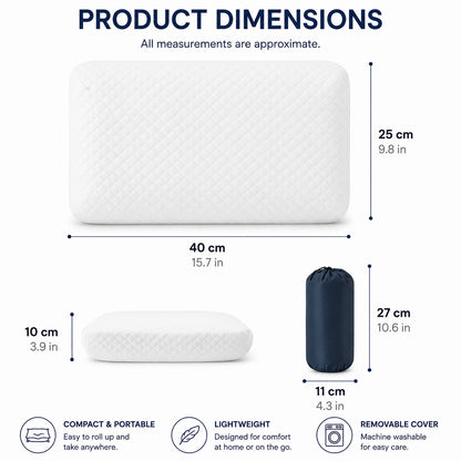 Oreiller orthopédique en mousse à mémoire de forme aux dimensions 40 × 25 × 10 cm, livré avec une pochette de rangement pour un transport facile.